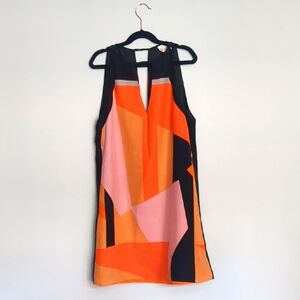 Parker XS 100% Silk Mod Sheath Keyhole Mini Dress Black Orange And Pink